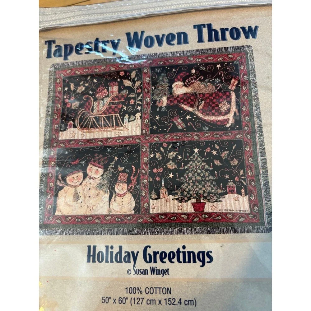 New nwt tapestry woven throw cotton fringe christmas Susan winget USA blanket